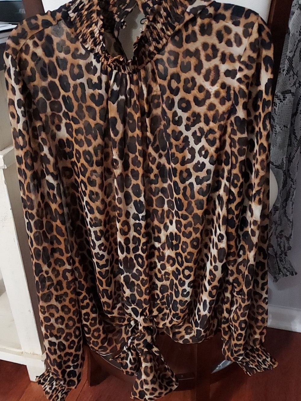 Express Leopard Print Tie-Front Long Sleeve Blouse in Brown and Black